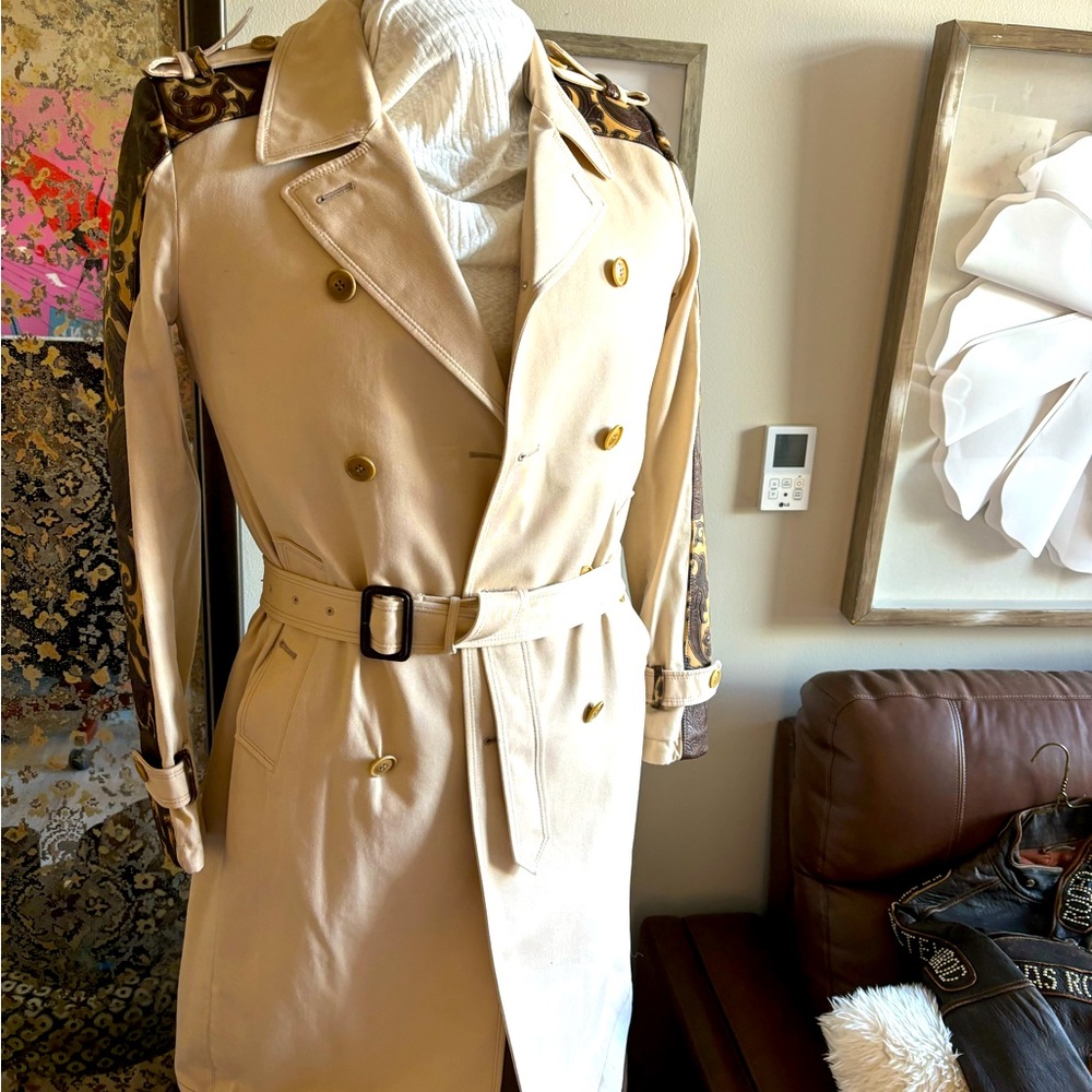 Laser etched leather sleeve trench coat by ETRO